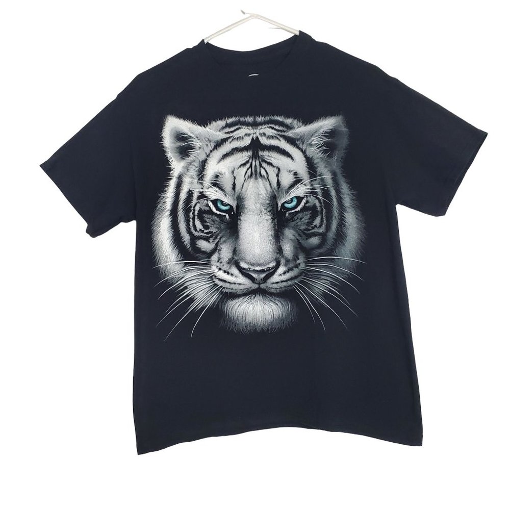 DOM White Tiger T shirt sz M blue eyes graphic print black shirt